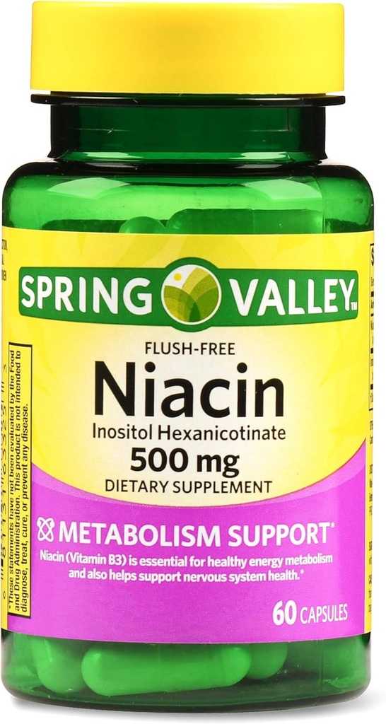 Spring Valley Flush- free Niacin 500 mg Metabolismus Podpora, 60 Kapsle (Balení po 2)