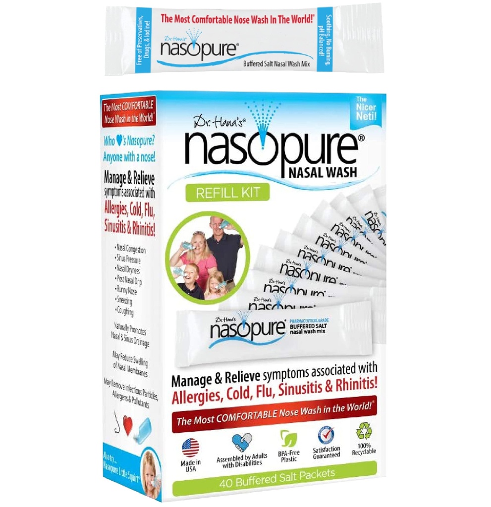 Nasopure Nasal Wash, Refill Kit, "Nicer Neti Pot" Sinus Wash Kit, Komfortní Nasal Rinse 40 Salt Packets (3.75 Grams Each), Nasal Congestion, Cold, Flu, Alergie, Nasal zavlažování systém, Lavage