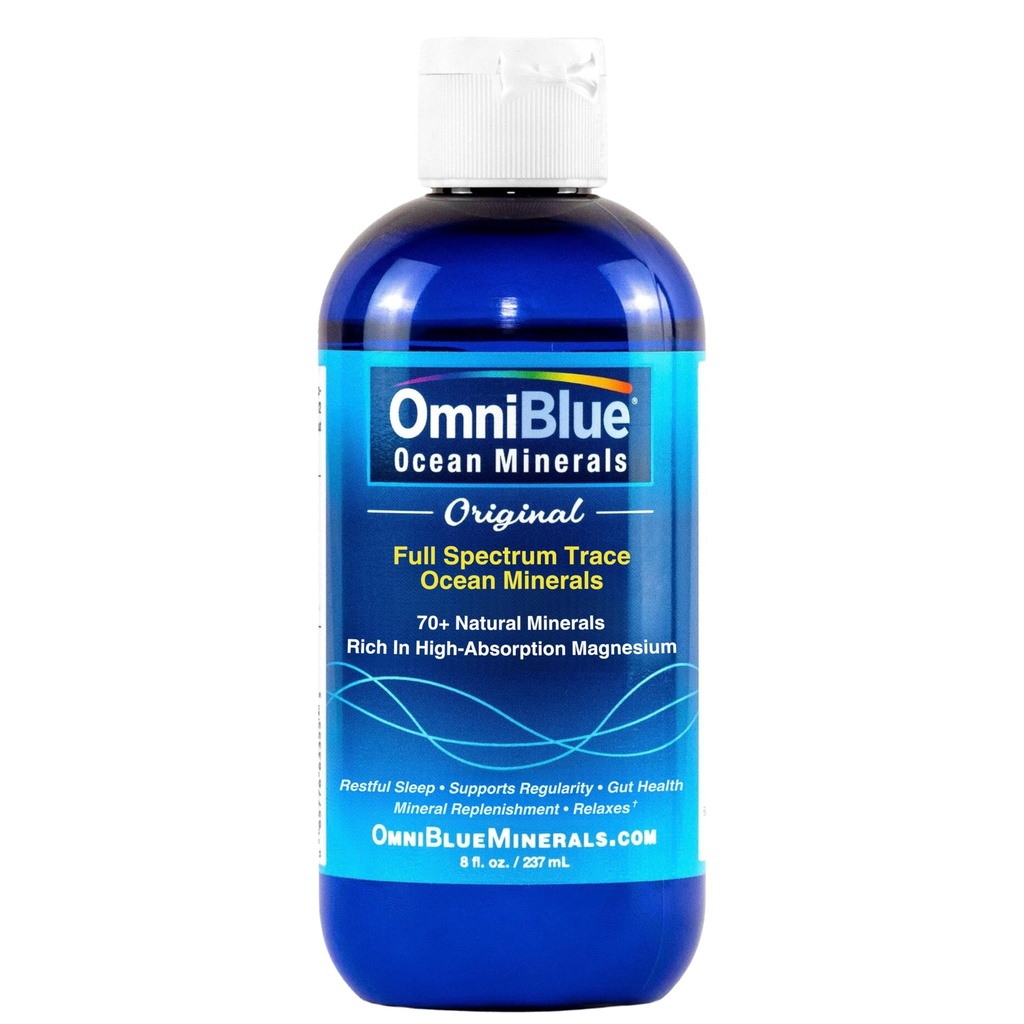 Minerály OmniBlue Ocean - 70 + stopové minerály a tekutá hořčík - draslík, chlorid sodný - Přírodní podpora spánku, stravovací, regulační, hydratační a elektrolytové rovnováhy (8 oz)