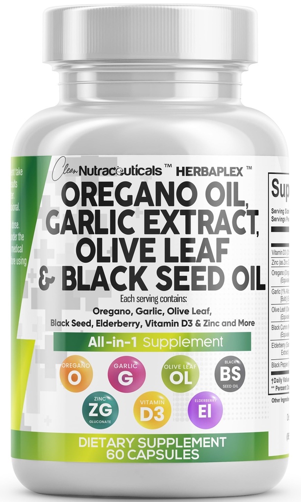Clean Nutra Oregano Oil s černým semenným olejem Česnek Olive Leaf Extract - Olej Oregano Kapsle Imunitní podpora Carvacol & Thymoquinone Dodatek pro ženy a muže + bezinky Vitamin D3 & Zinek