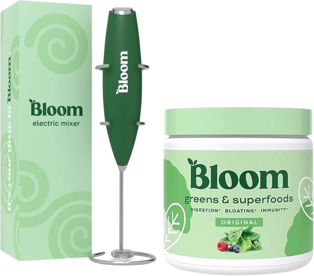 Bloom Nutrition Superfood Green Powder, Digestive Enzymy s probiotika a prebiotika, Gut Health, Bloating Relief, Original + Milk Frother High Powered Hand Mixer