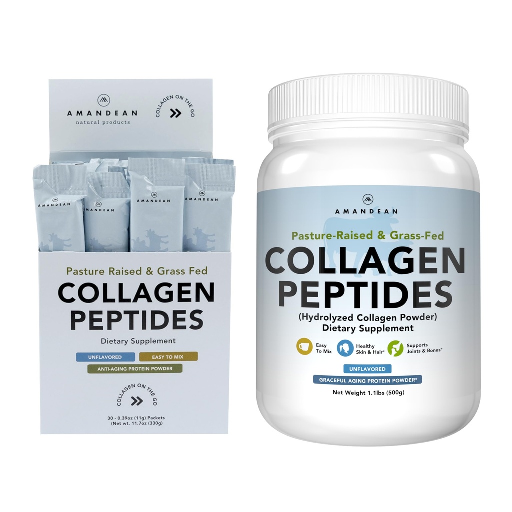 AMANDEAN kolagen Peptides Bundle. 1kg & Stick Packs. Grass- Fed, Enzymaticky Hydrolyzované, Typ 1 & 3. Protein s 18 aminokyseliny pro zdravou pleť, vlasy, nehty. Snadno se míchá, bez příchutí, Non- GMO
