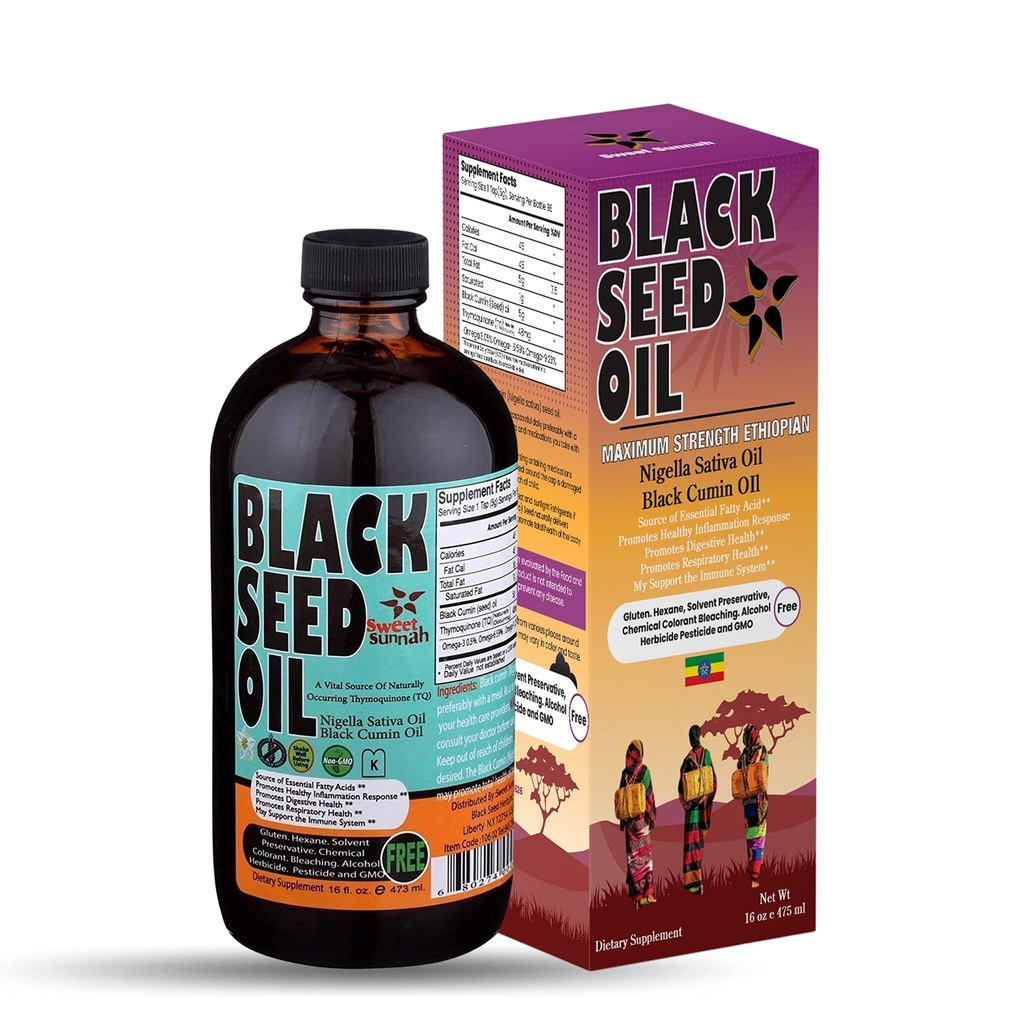 Etiopian Black Seed Oil - 3,43% Thymoquinone Cold- Pressed Black Cumin Seed from Pure Nigella Sativa - First Pressing Blackseed Non- GMO Imported - 16 Oz Glass Bottle Sweet Sunnah