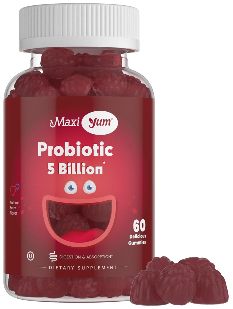 Maxi Health Yum, Probiotické gumy s 5 miliardami CFU stravitelných zdravotních probiotik, Kosher Certified Natural Berry Flavor Gut Health Chewable Gummy doplňky pro muže a ženy, 60 Gumy