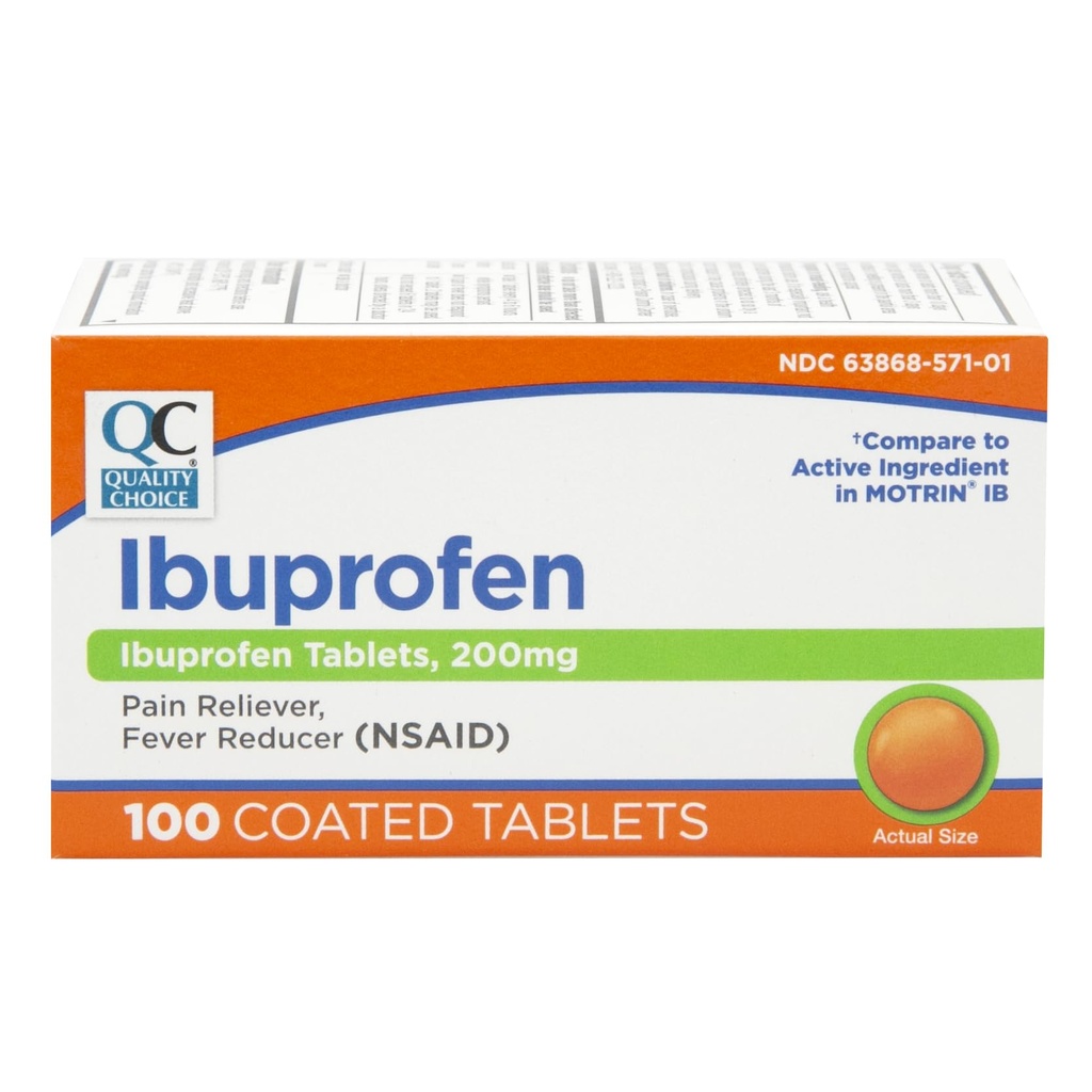 Quality Choice Ibuprofen Tablets, 200 mg, Pain Reliever and Fever Reducer for Artritis, Toothach, Back Pain, Head Head, Body Aches, and more 100 Count of Coated Tablets