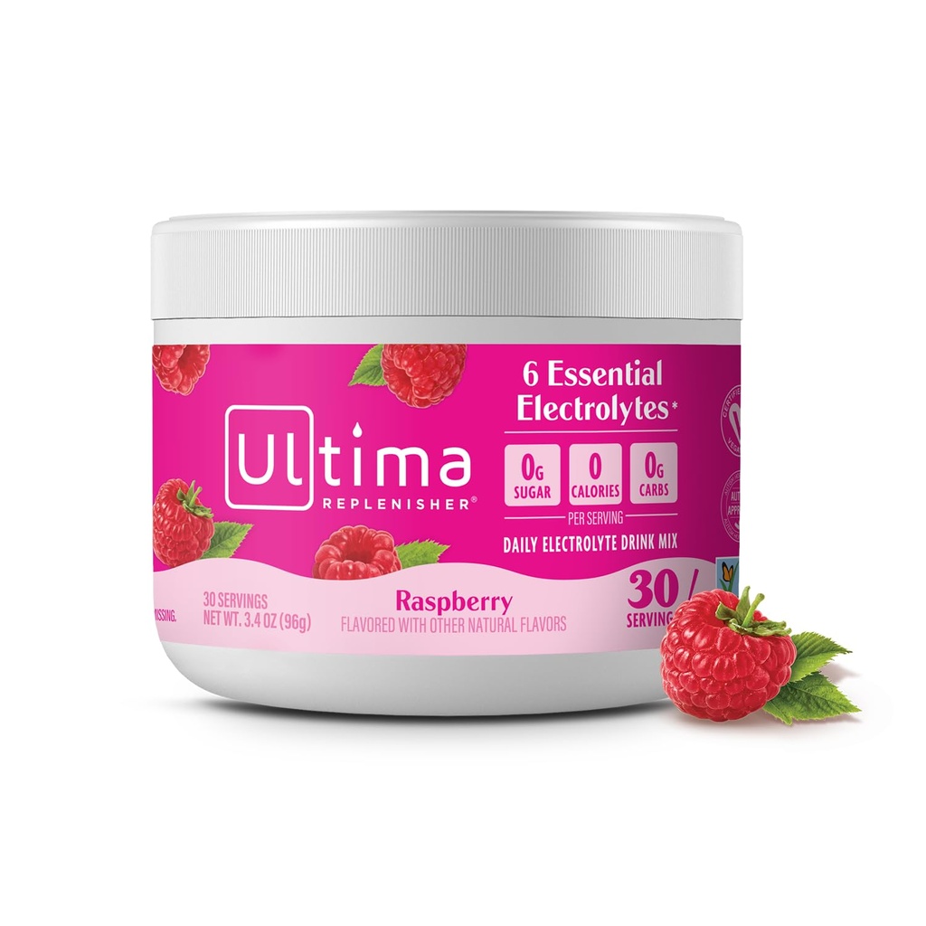 Ultima Replenisher Daily Electrolyte Powder Drink Mix - Cukr zdarma - Malina, 30 Servings - Hydration Powder s 6 klíčovými elektrolyty a stopovými minerály - Keto Friendly, Vegan, Non- GMO