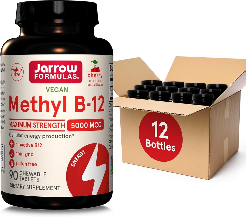 Jarrow Applicas Maximální síla methyl B-12 5000 mcg Dietní dodatek - 90 Cherry žvýkací tablety - Bioaktivní vitamín B-12 - Podporuje buněčnou výrobu energie, spánek a zdraví mozku (balení po 12)