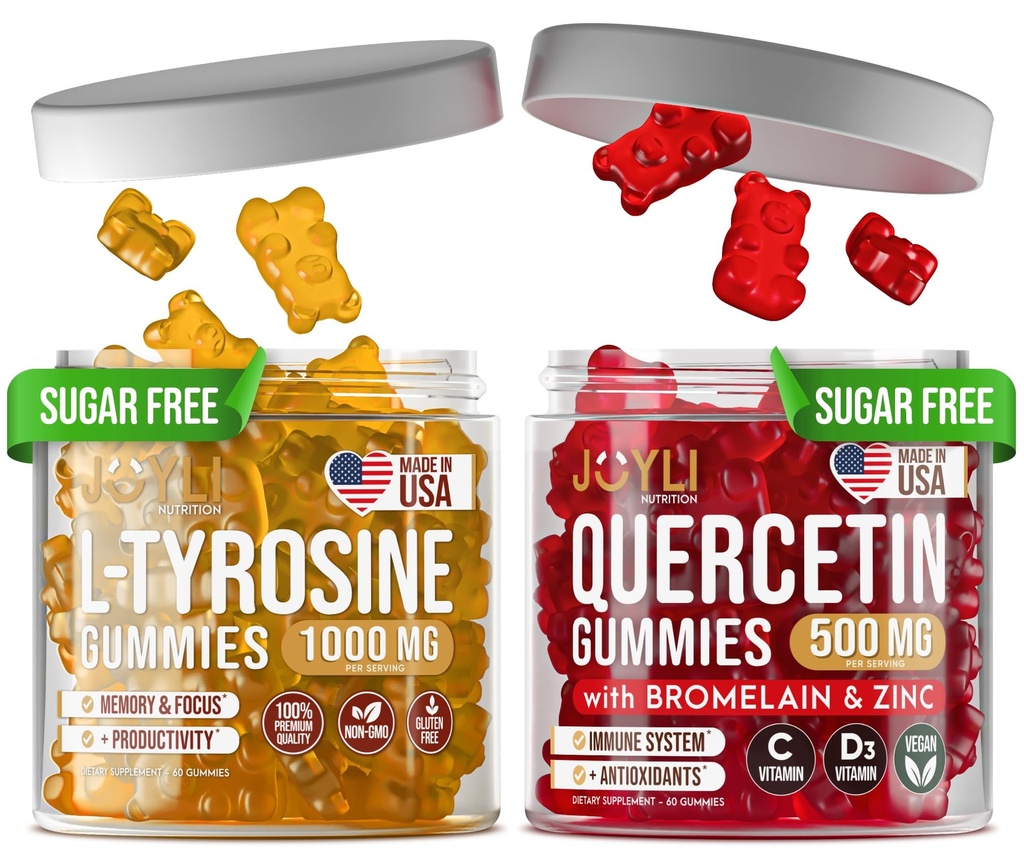 L- tyrosinové gumy + Quercetinové gumy - L Tyrosinový dodatek, Quercetin s vitaminem C - Focus Gummies and Immunication Support Gummies - 60 L- Tyrosinus pro děti gumy, 60 Quercetin se zinkem gumy