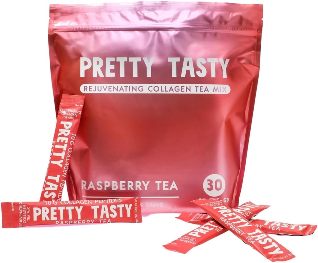 Docela chutné Raspberry Radiance Kolagen Tea - Stick Pack Pouch, Sun- Líbá Malina Blend, Beauty and Wellness, 10g Kolagen Peptides Mix, 30 Počet