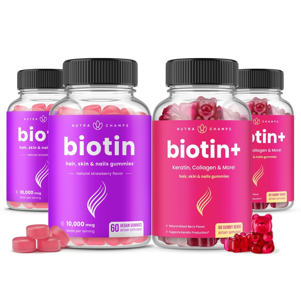NutraChamps Biotin & Biotin +. Kompletní duo pro vlasy, kůži a nehty. Biotin, kolagen, keratin & Více