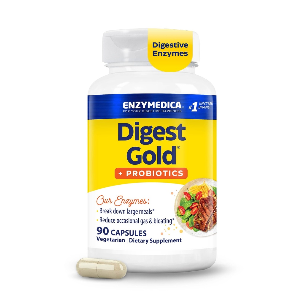 Enzymedica Digest Gold + Probiotika, 2- in-1 Formule pro Gut Health, Digestive Enzymes & 1 Milion aktivních protetických kultur, 90 Počet (FFP)