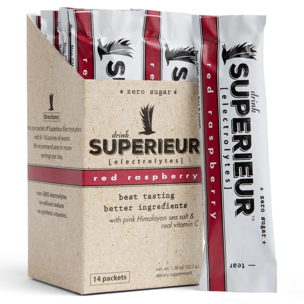 Superieur Electrolyte Powder Packets - Vegan Electrolyte Hydration Powder w / Sea Minerals - Keto Friendly, Non- GMO, Nulový cukr Electrolyte Dodatek - Zdravý sportovní nápoj - Malina (14 Packets)