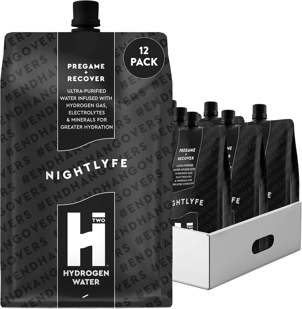 HTwo Nightlyfe Recovery, 16.9oz Premium Hydrogen Infused Water with Electrolytes, Vitamins, and Minerals, 12- Pack, Functional Hydration Packets for Recovery & Mental Clarity, Cukr zdarma
