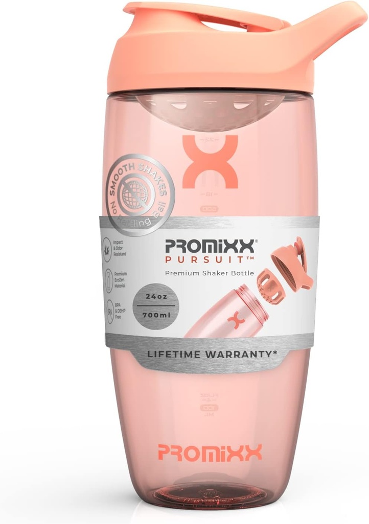 Promixx Pursuit protein Shaker Bottle (24 oz) - Silent No-Ball Mixer, Leak-Proof Lid, BPA / BPS & Phtalate-Free ECOZEN - Easy- Clean Shaker Cup for Protein Shakes, Pre & Post- Workout Smoothies