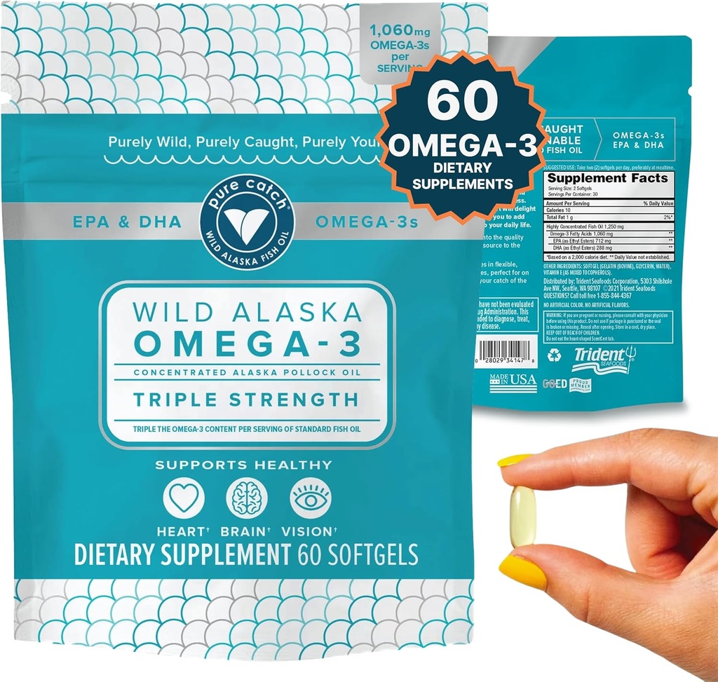 Trident Seafoods Pure Catch Wild Alaskan Fish Oil 1060mg Triple Strength Omega33 Rybí olej dodatek pro ženy a muže - EPA a DHA - 60 Ct. Denní Citrus Soft Gel podporuje srdce, mozek a vize