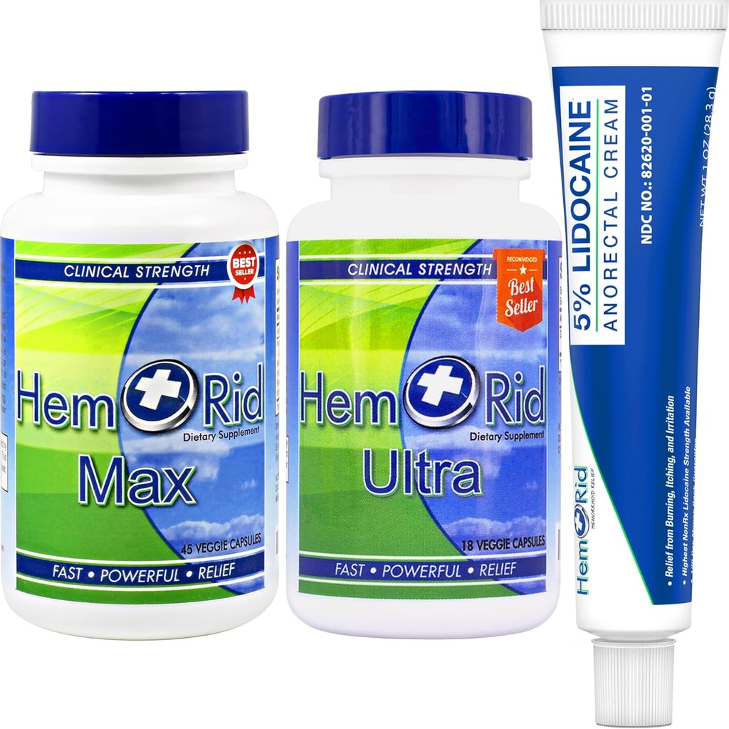HemRid Kompletní systém hemeroidní péče - Potenciál 5% Lidokain krém pro rychlé Topické Comfort, Max Ultra Kapsle pro průběžné Cévní zdraví a Cirkulační podpora