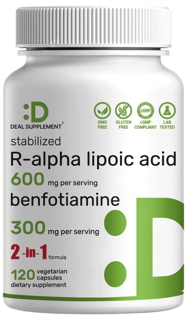 DEAL SUPPLMENT R alfa kyselina lipoová 600mg s Benfotiamine 300mg per Serving, 120 Veggie Kapsle - 200mg R- ALA per Capsule - Antioxidant Supplement for Energy & Nervous System Support