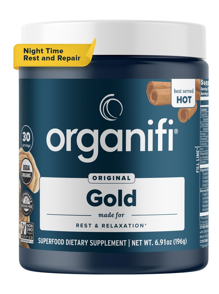 Organifi: Zlato - Superfood Supplement Powder - 30 Služeb - Podpora stresu, lepší odpočinek, relaxace a podněty Restful Sleep - Kurkuma a Reishi Infuze