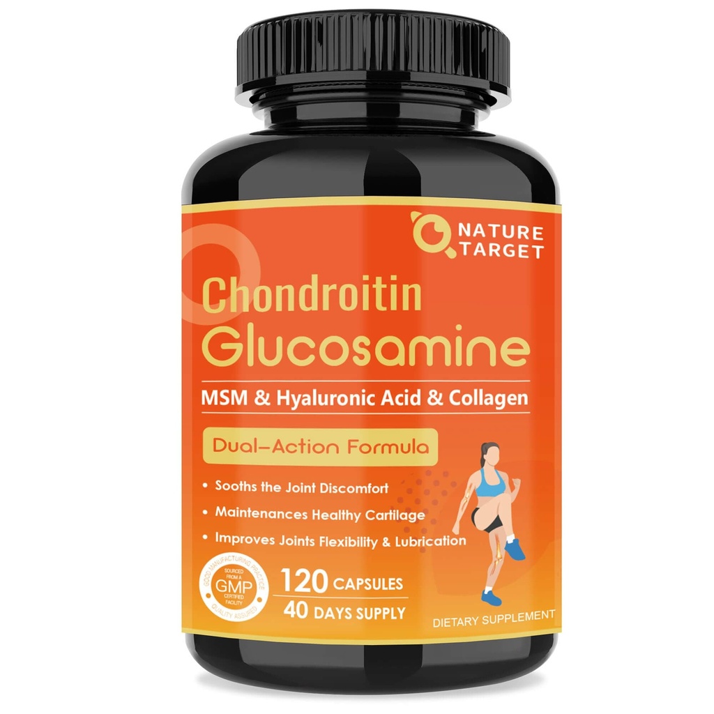 NATURE TARGET Glucosamine Chondroitin Společná podpora Dodatek - Plus MSM, Kolagen, Kurkuma, Mečoun zdarma, Podporuje společné, kolena, chrupavka, pro muže a ženy, 120 Caps
