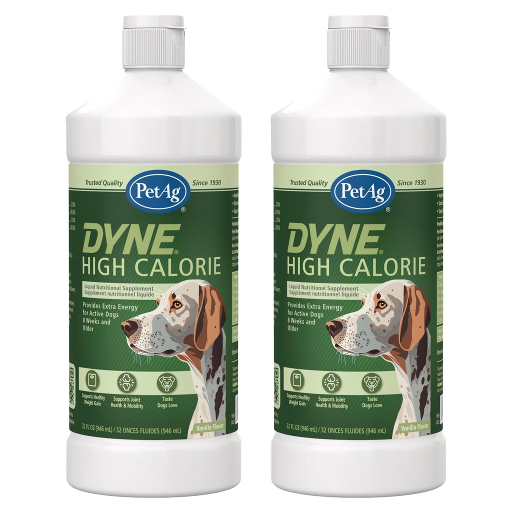 Pet- Ag Dyne High Calorie Tekutý Nutriční dodatek pro psy a štěňata 8 týdnů a starší - 32 oz, Pack of 2 - Podporuje výkon a vytrvalost - Sweet Vanilla Flavor