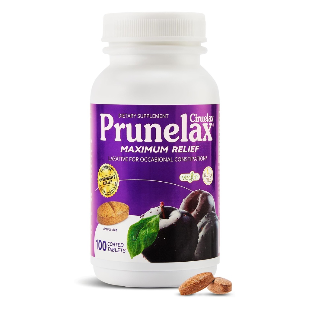 Prunelax Ciruelax Maximum Relief Laxative Tablety s přírodní Senna pro příležitostné zácpy, Senna Extract, Vegan & gluten- Free, Gentle Overnight Relief - 100ct