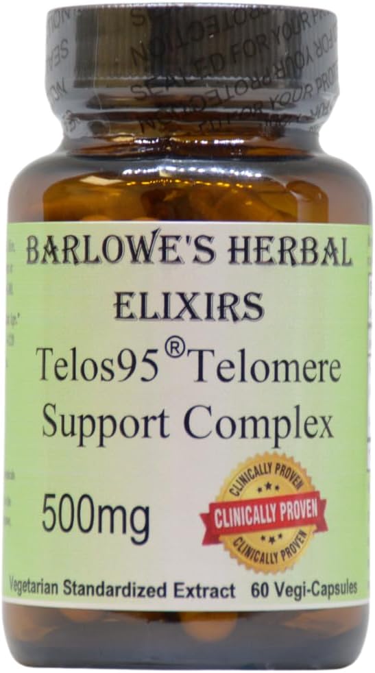 Barlowe 's Bylinné Elixirs Telos95 ® Telomere Support Complex 124; Advanced Cellular Health & Longevity Formule 124; 500mg with Astragalus Extract Extract 124; Non- GMO, Stearate- Free, Glass Bottled