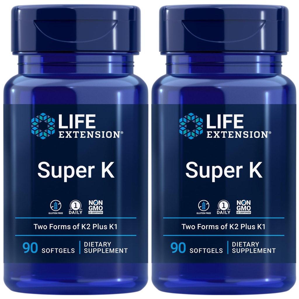 Life Extension Super K, Vitamin K1, Vitamin K2 mk-7, Vitamin K2 mk-4, Vitamin C, Bone / Heart / arterial Health, 3- Month Supply, Gluten- Free, 1 Daily, Non- GMO, 90 softgels (Balení po 2)
