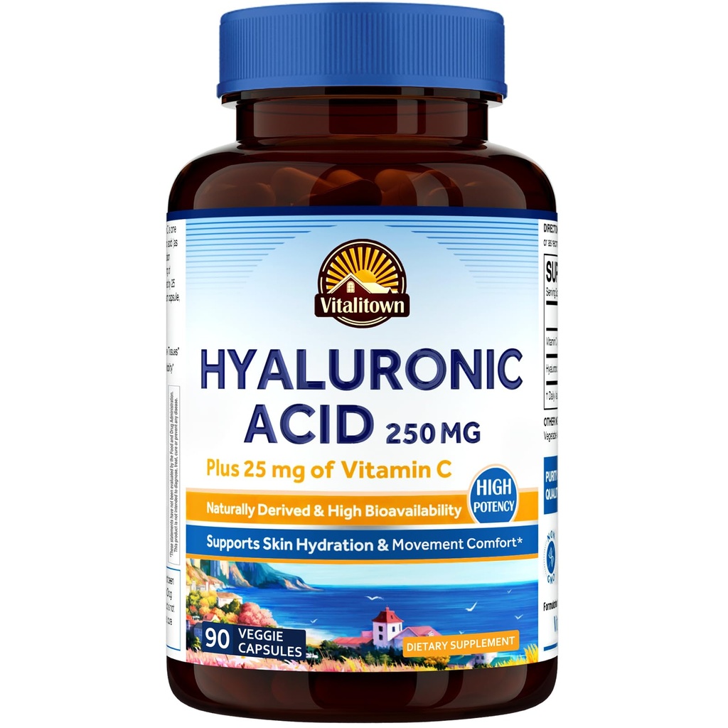 Vitalitown Hyaluronic Acid doplňky 250 mg, Plus 25 mg vitaminu C, Přirozeně odvozené a vysoké biologické dostupnosti, Hydratace kůže, 90 Veganové kapsle, 3 měsíční dodávka