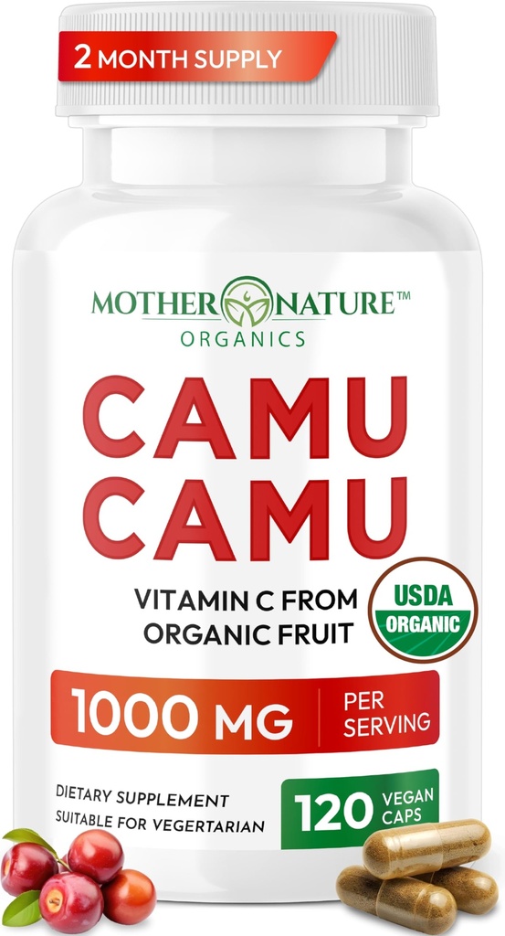 Organický vitamin C z Camu Camu Kapsle 1.000mg, Baleno s přírodní VIT C, Syrové antioxidanty - Imunitní Supplement & Anti- Aging for Skin - Powder Organic, Vegan, Non- GMO (120 Počet)