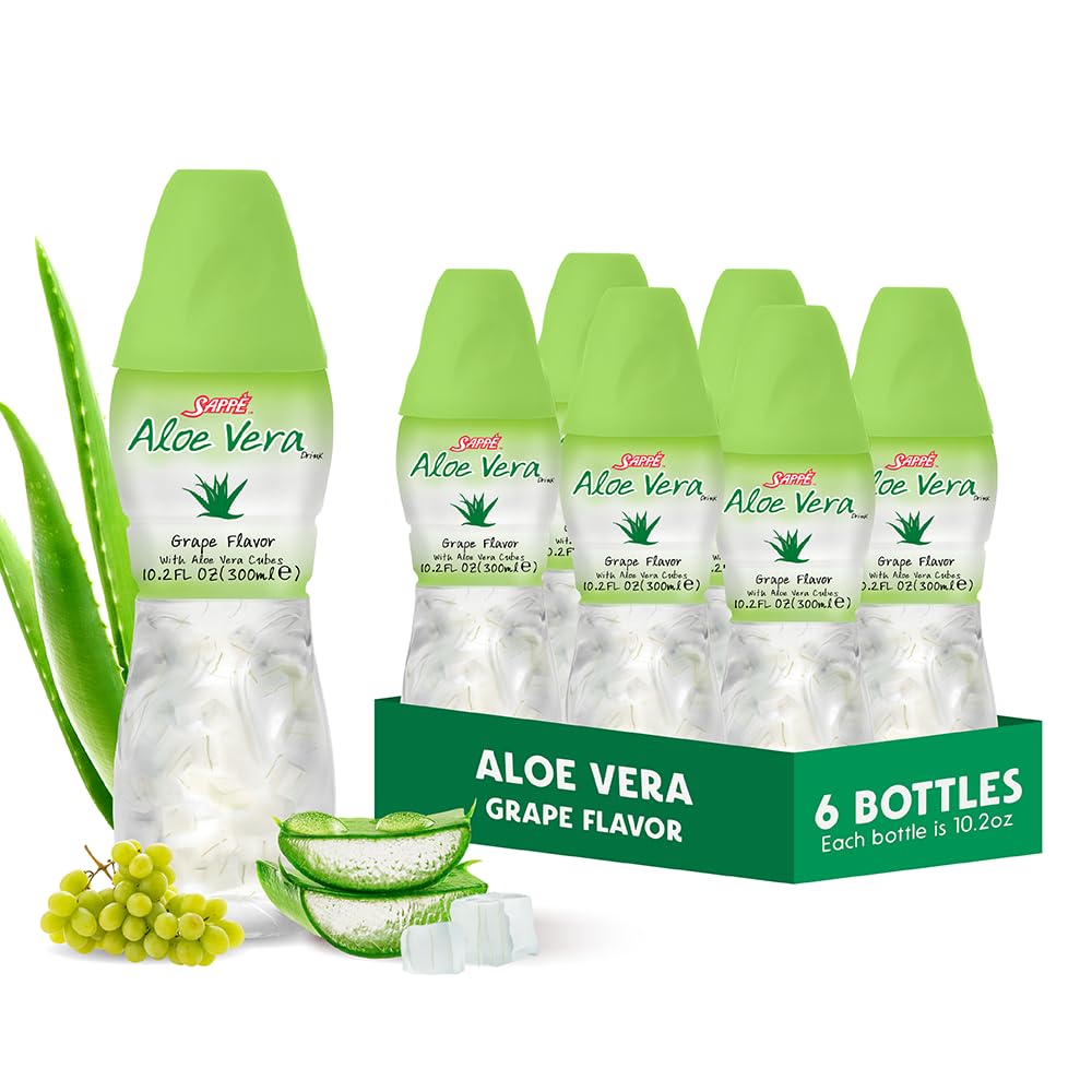 Aloe vera šťáva (hroznová příchuť) s většími kousky čisté aloe buničiny (6 balení) Rostlinné šťávy skvělé pro hydrataci a obsahuje velké aloe buničiny. Je to zdravé pro dospělé a děti.