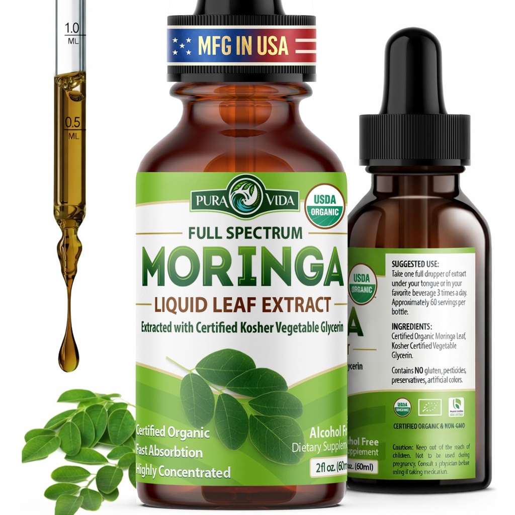 PURA VIDA MORINGA Leaf Extract Liquid Drops - USDA Organic Certified - Vysoce čištěná, biodostupná a rychlejší absorpce než Moringa Powder nebo Kapsle - Jediný původ Moringa Oleifera Leaves Extract