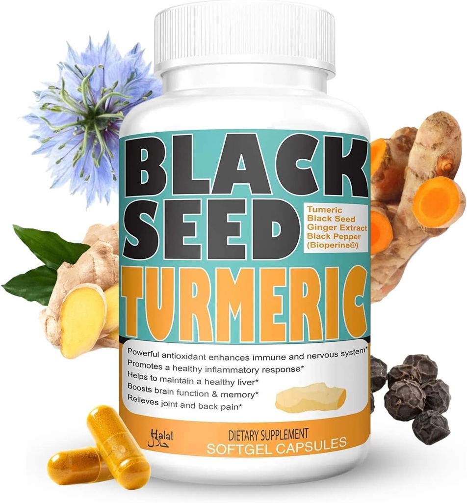 Turmeric 1350mg Curcumin 150mg Black Seed Powder 75mg Ginger Extract 50mg Black Pepper Fruit Extract 10mg Bioperin 60 Veggie Count Capsules by Sweet Sunnah