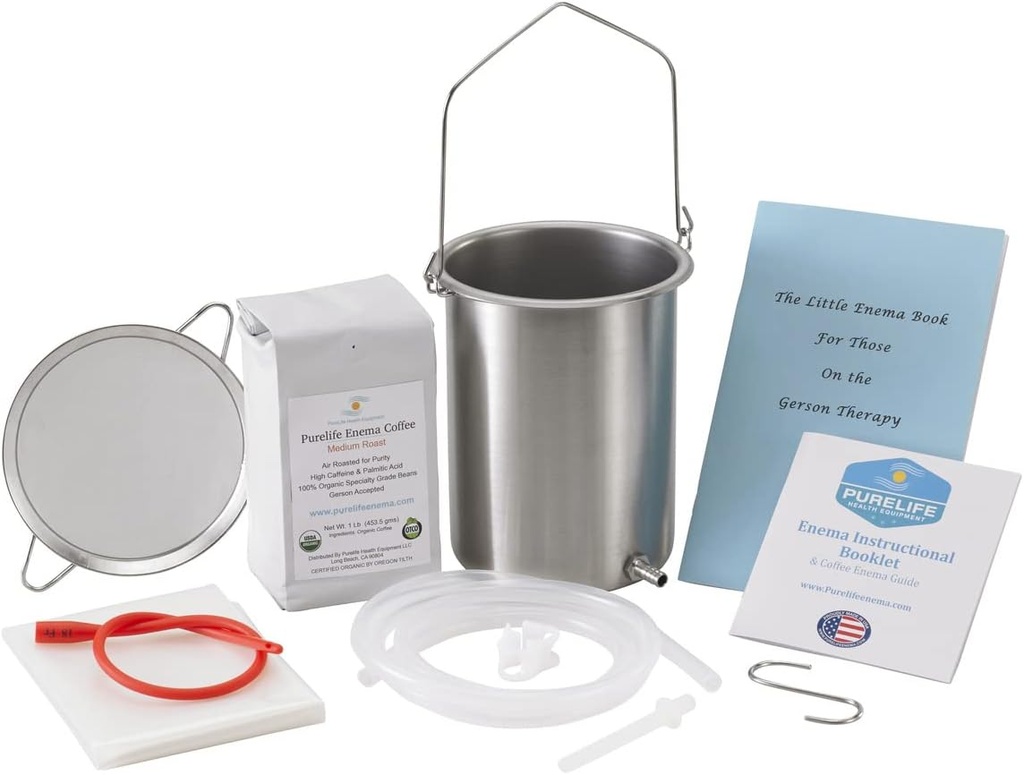 PureLife Coffee Enema Kit- Made in USA - Vše, co potřebujete Kit - 2 Qt USA Stainless Steel Enema Bucket - Laborated Organic Enema Coffee - Mold, Fungus, Mycotoxin Free - 1 libra - Coffee Strainer