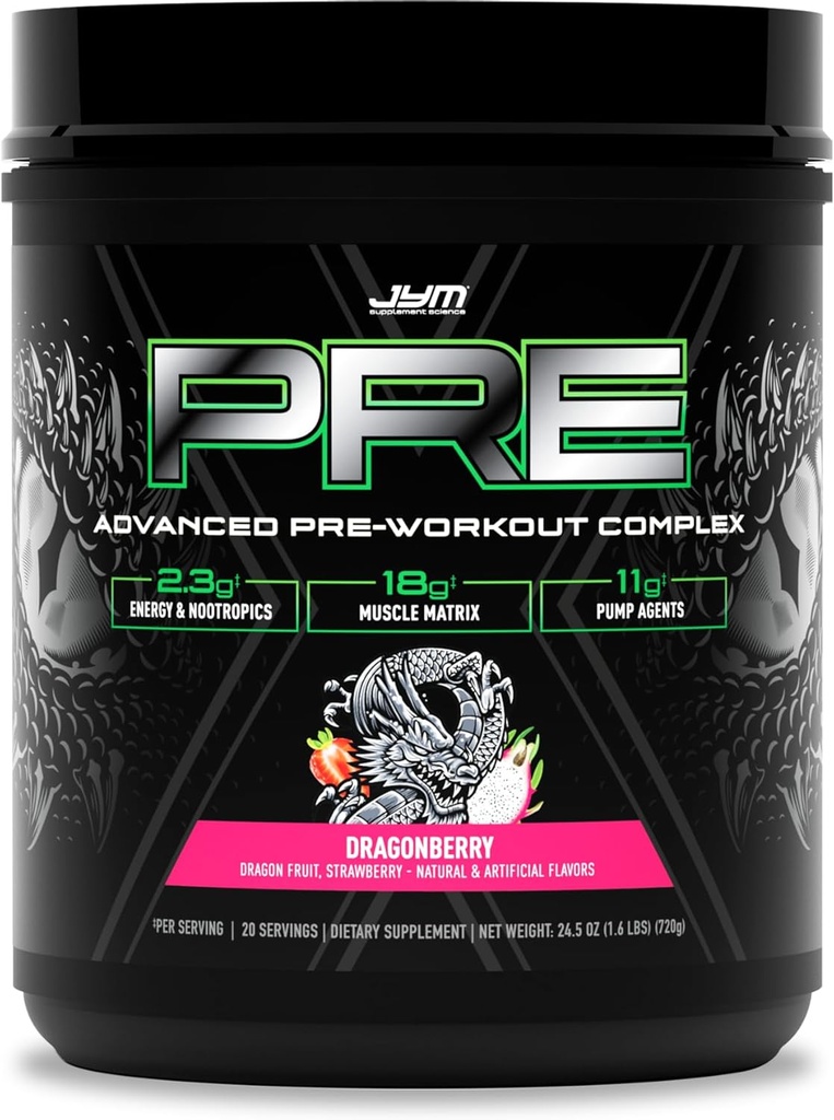 JYM dodatek věda Pre JYM X Dragonberry Advanced Pre- Workout Powder Masivní čerpadla, Citrulline Nitrát, Dynamin, NO3T Betaine, BCAA je, Nootropics, Creatine, Beta- Alanin, 20 Služeb