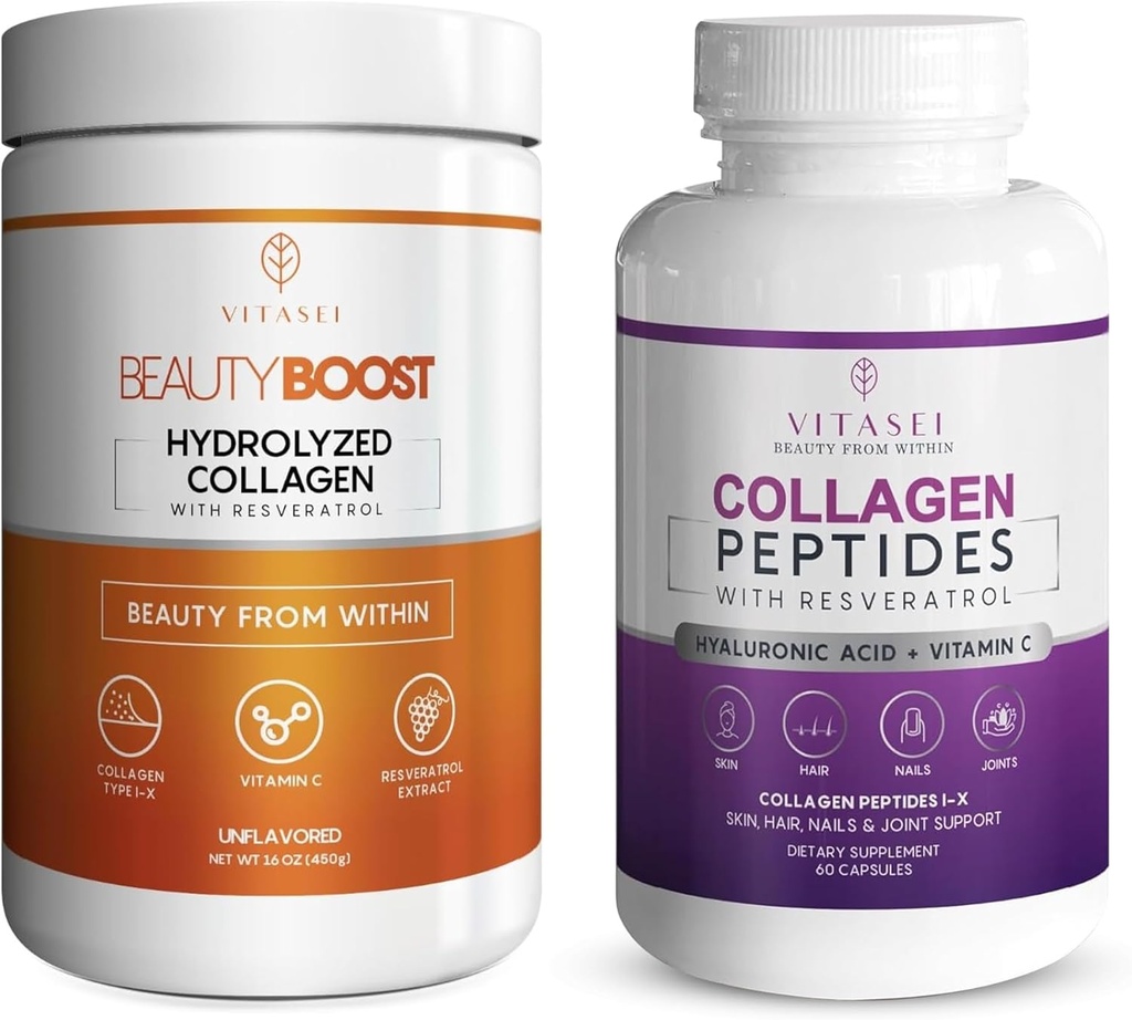VITASEI Collagen Wellness Bundle - Hydrolyzované kolagen Peptidy Prášek & kolagen Peptid Kapsle s vitaminem C & Resveratrol - Podpora pro vlasy, kůži, nehty, kosti, & spony