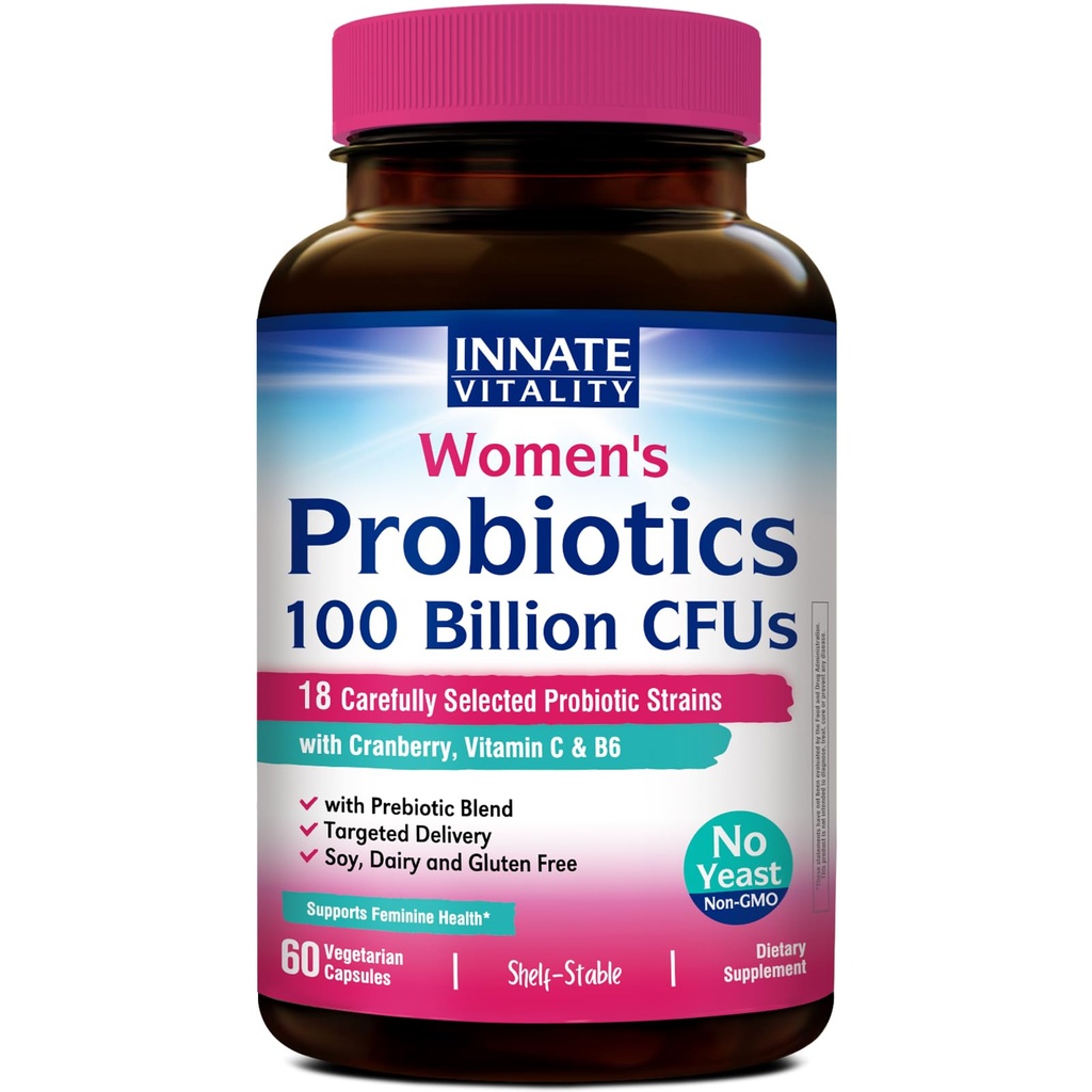 Vrozené Vitality Probiotika pro ženy, 100 miliard CFU 18 Strany, Prebiotika a Probiotika, s brusinkou, Vitamin C & B6 P5P, Vaginální a stravitelné zdraví, Nechlazené, 60 Caps