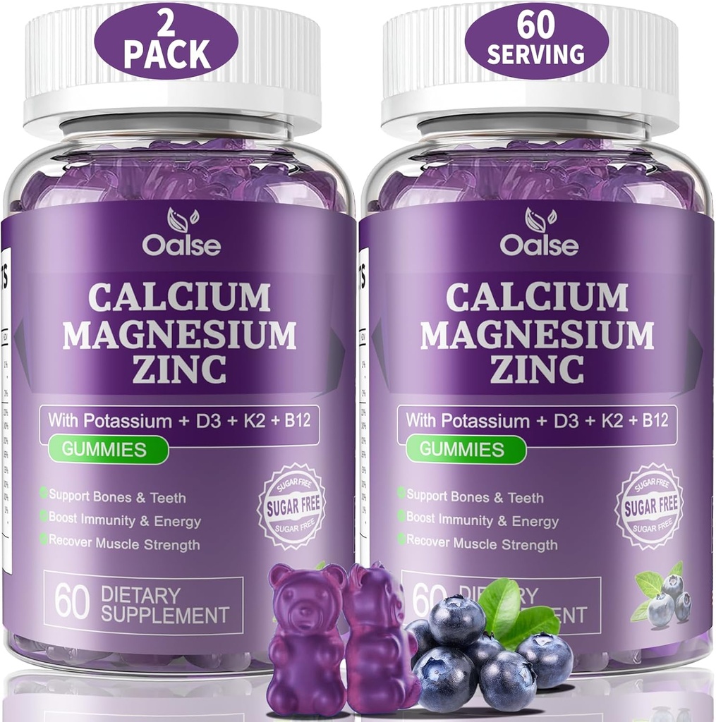 (2 Pack) OALSE kalcium hořčík zinek gumy s vitaminem D3 & K2- vysoká absorpce hořčíku Glycinate- Svaly, imunitní a spánkové podpůr- cukr Free- borůvkový Flavored- 120