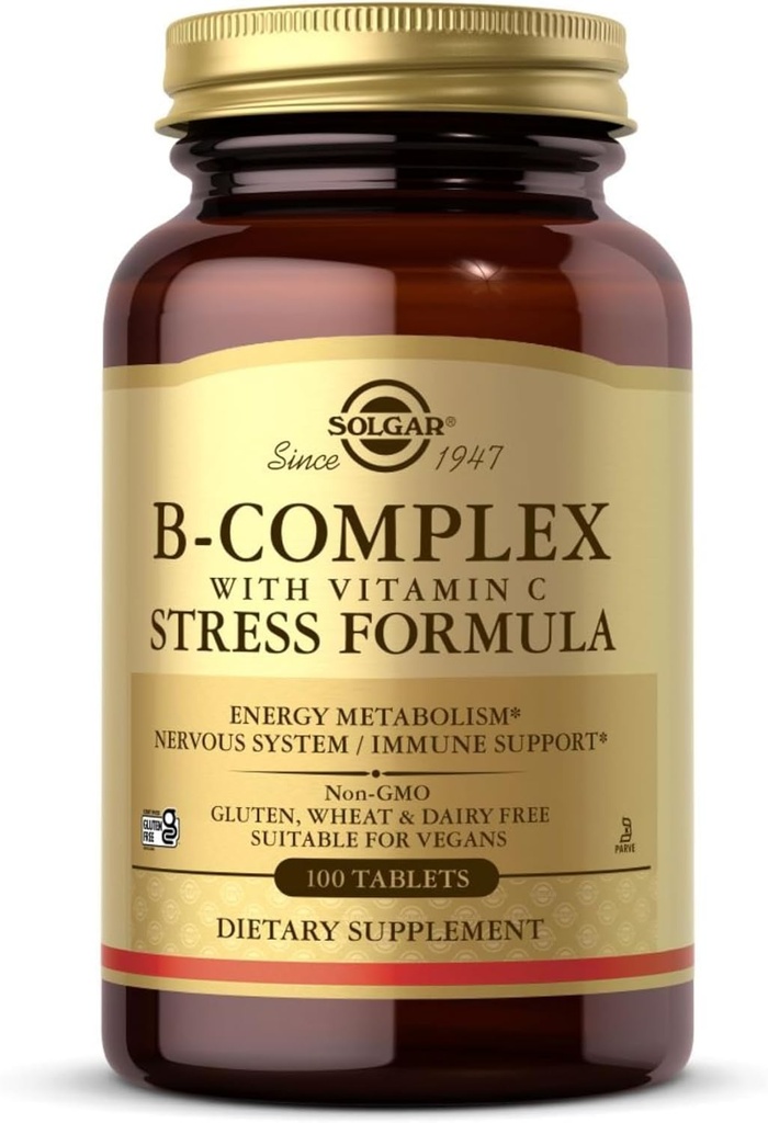 Solgar B-Complex s vitamínem C - 100 Tablety - Non- GMO, Vegan, Kosher & gluten zdarma - 50 Služeb