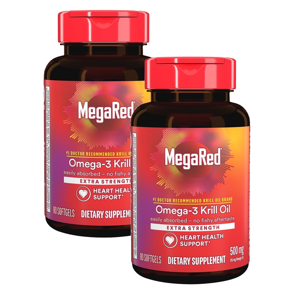 MegaRed Extra Strength 500mg Omega33 Krill Oil Supplement with EPA / DHA, No Fishy Aftertait Supports Heart Health, 80 Count Softgels (2 Pack)