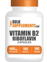 BulkSupplements.com Riboflavin Kapsle - Vitamin B2 400 mg, Riboflavin 400mg - Esenciální B Vitamin, Lepek zdarma, 1 Kapsle per Serving, 180 Kapsle (Balení po 1)