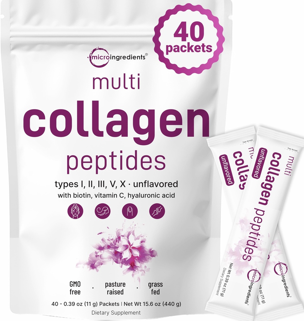 Micro Ingredients Multi kolagen Peptides Powder, 40 Stick Packs OR 124; Typ I, II, III, V, X + Biotin, Vitamin C & Hyaluronic Acid OF 124; Neochucené OR 124; Podporuje vlasy, kůže a společné zdraví OR 124; Keto, Non- GMO