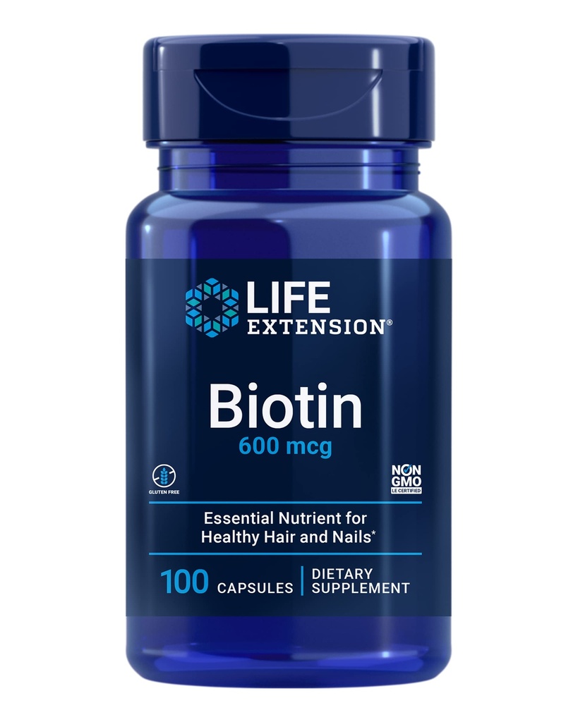Life Extension Biotin 600 mcg Vitamin B7 Support Supplement for Beautiful Hair, Nails & Beyond - Gluten- Free, Non- GMO - 100 Kapsle