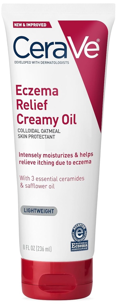 CeraVe Eczema Relief Creamy Tělesný olej, Eczema Calming Cream S koloidní ovesné vločky & Safflow Oil for dry Skin & Itchy Skin Relief, Steroid Free & Paraben Free, 8 Ounce