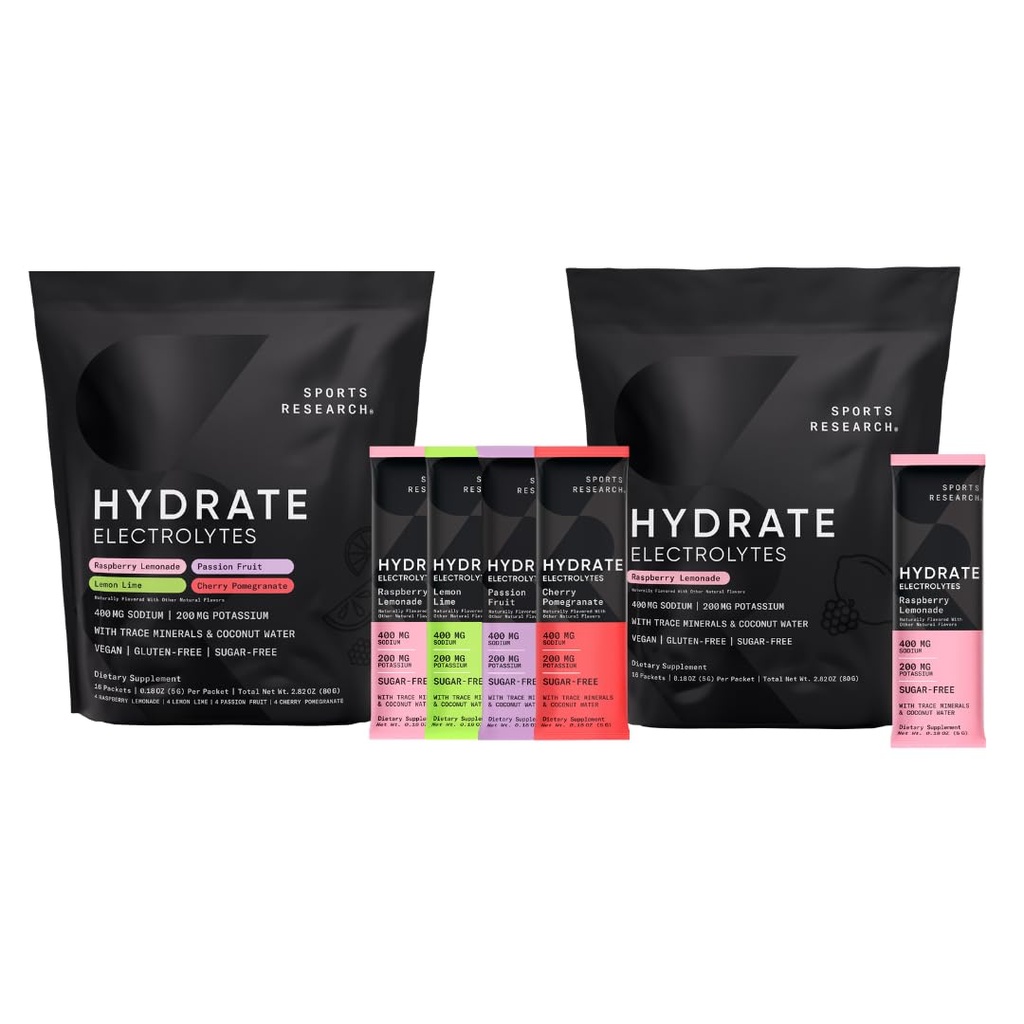 Sportovní výzkum Hydrate Electrolytes Combo Pack - Sugar- Free & Přirozeně ochucené vitamíny, minerály, a kokosové vody - Podporuje Hydratace - 32 Pakety - Raspberry Lemonade Dominant Flavor