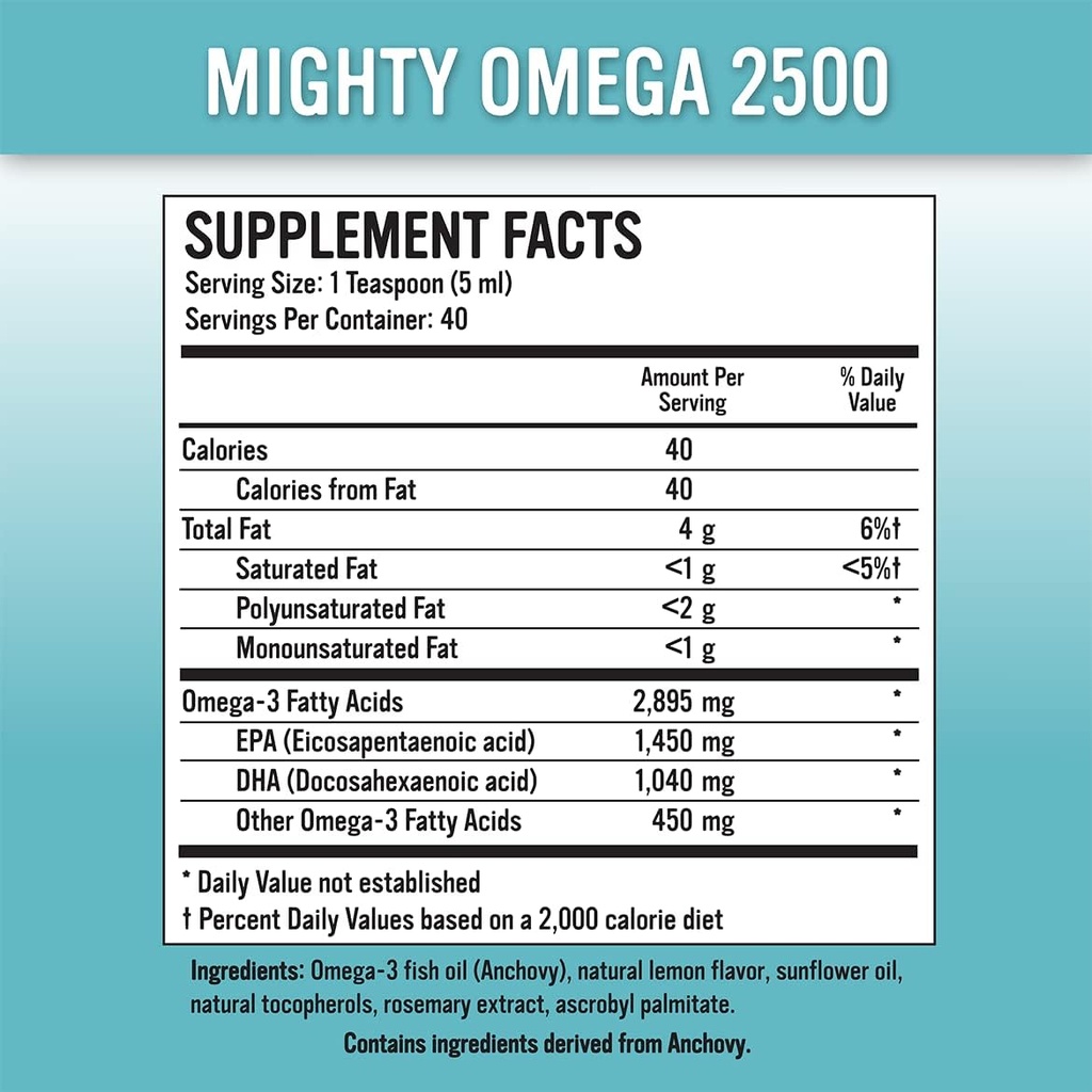 Mocný Omega 2500 Mocný Omega 3 dodatek - 2500 MG EPA DHA per Teaspoon - Vysoká dávka Omega 3 Rybí olej - Jižní Pacifik Ančovičky Sourced - Triglycerid Omegas 3 Tučný kyselý dodatek