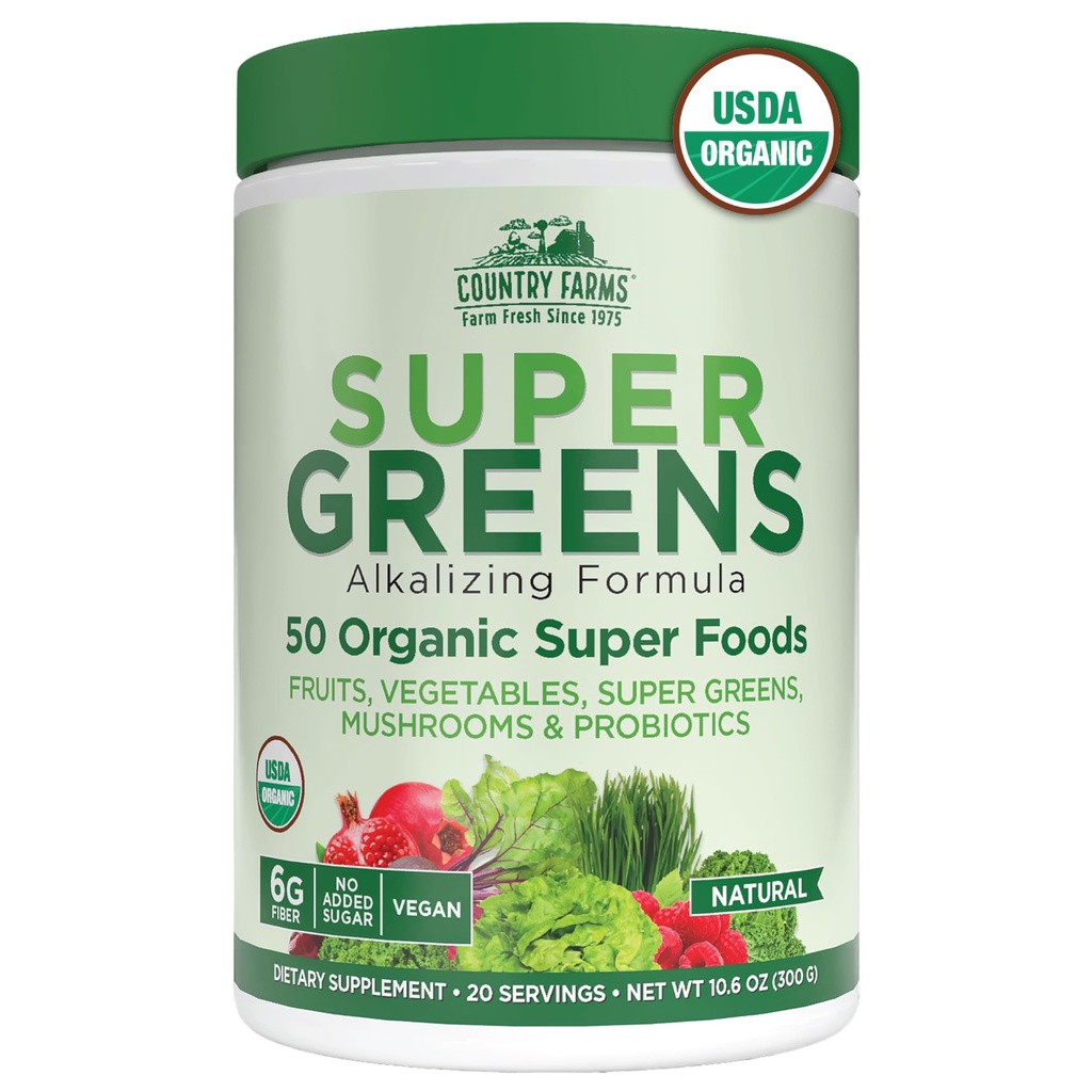 Country Farms Organic Super Green, 50 Organic Super Foods, Baleno s Fiber, USDA Organic Drink Mix, Ovoce, Zelenina, Houby & Probiotika, Podporuje energii, 6g Fiber