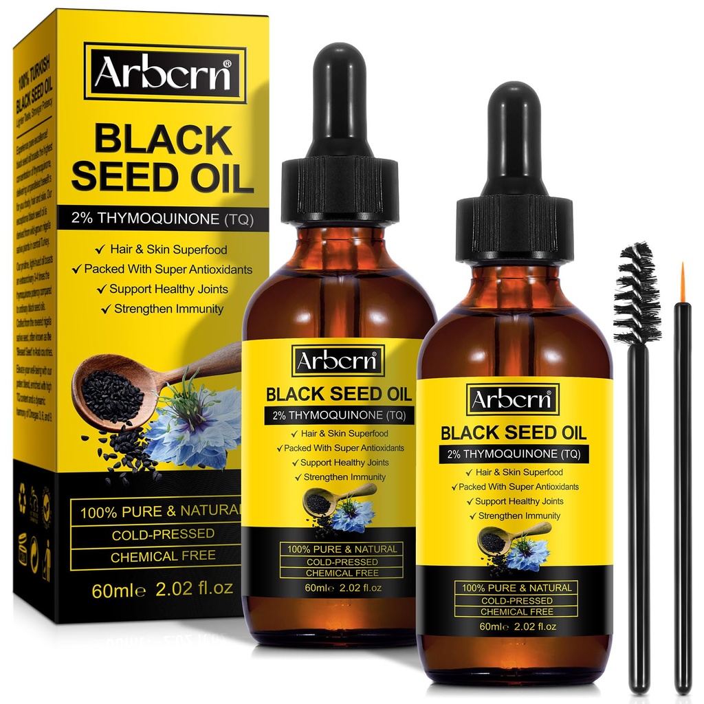 2 Pack Black Seed Oil Organic Cold Pressed, 100% čisté a přírodní tekuté černé Seed Oil Cold Pressed Glass Lahvička 60ML pro péči o pleť, nuriše a Hydrates vlasy