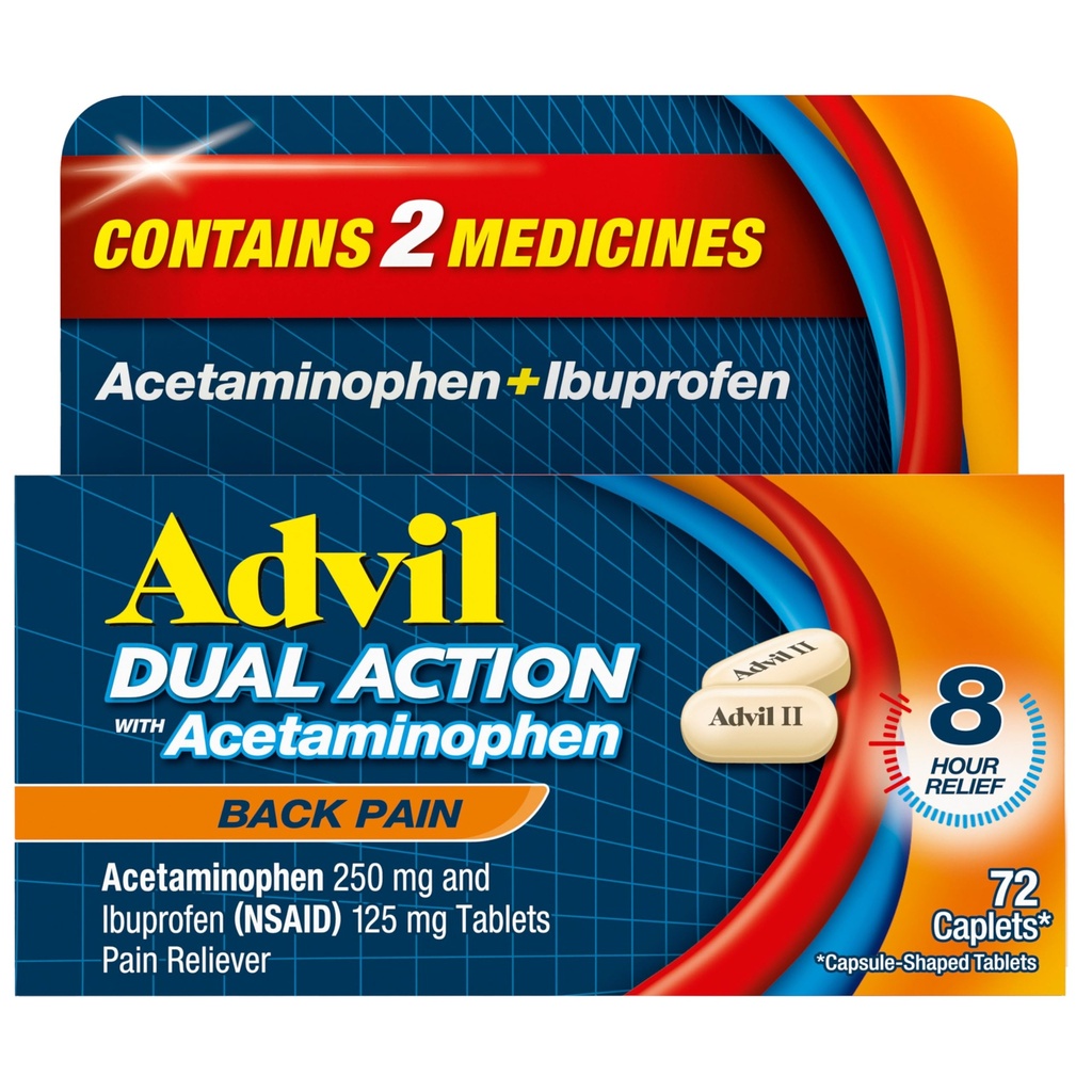 Advil Dual Action Back Pain Caplet Dodává 250mg Ibuprofen a 500mg Acetaminofen per Dose po dobu 8 hodin bolesti zad - 72 Počet
