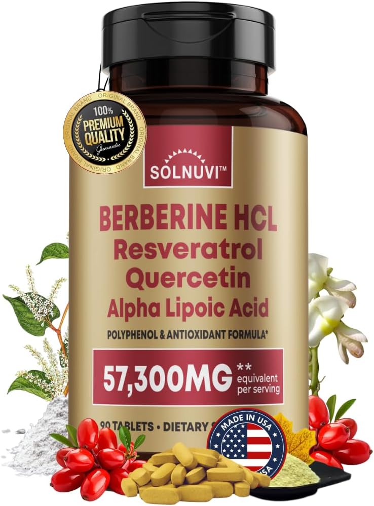 Premium Berberine dodatek s Resveratrol Quercetin Alpha Lipoic Acid - 50: 1 Berberine HCl Komplexní potentní antioxidanty, polyfenoly, Vitality Boost - 90 Vegan Tablety, Non- GMO, gluten- zdarma