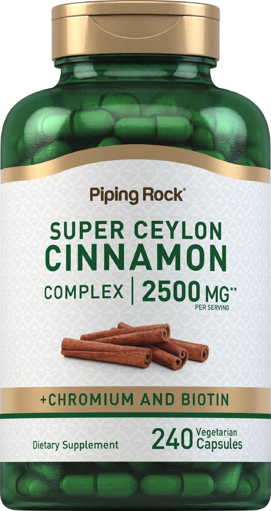 Piping Rock Super Ceylon Skořice Komplexní kapsle 124; 240 Práškové pilulky 124; Extract dodatek s chromem a Biotin 124; Vegetarian, Non- GMO, gluten zdarma